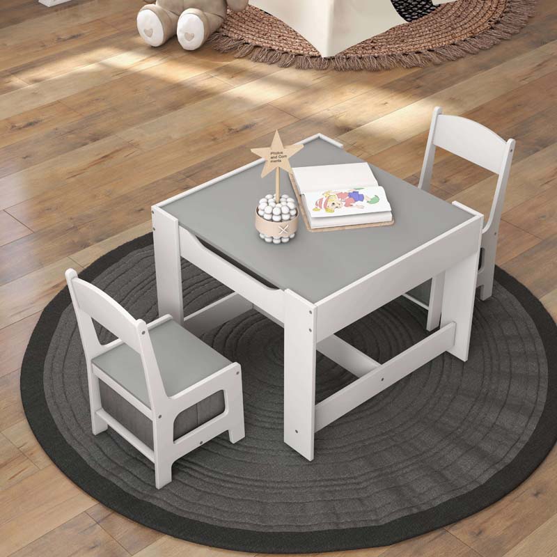 Kids Table & Chairs Set, 3-in-1 Wooden Toddler Activity Table with Storage, Reversible Tabletop & Blackboard for Art Craft, Drawing, Playroom