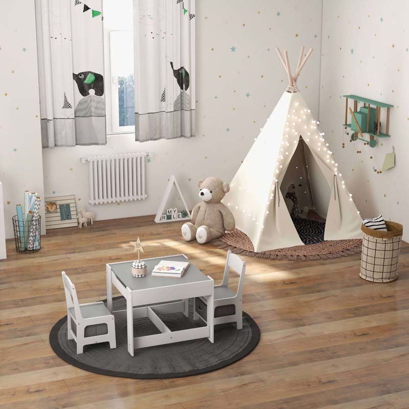 Kids Table & Chairs Set, 3-in-1 Wooden Toddler Activity Table with Storage, Reversible Tabletop & Blackboard for Art Craft, Drawing, Playroom