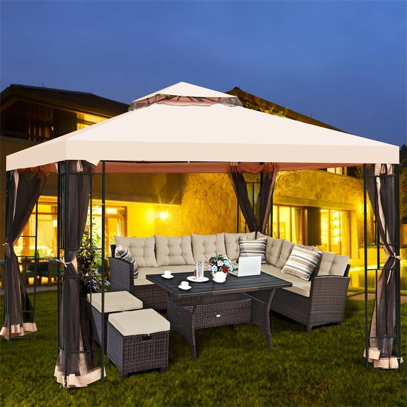 10' x 10' Steel Frame Patio Gazebo with Mosquito Netting, 2-Tier Vented Roof Outdoor Canopy Gazebo Tent for Backyard, Garden, Poolside