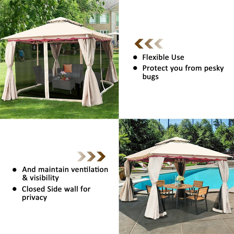 10' x 10' Steel Frame Patio Gazebo with Mosquito Netting, 2-Tier Vented Roof Outdoor Canopy Gazebo Tent for Backyard, Garden, Poolside
