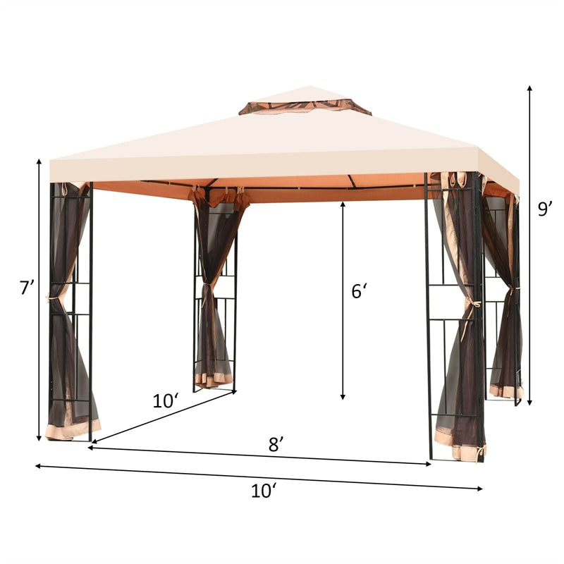 10' x 10' Steel Frame Patio Gazebo with Mosquito Netting, 2-Tier Vented Roof Outdoor Canopy Gazebo Tent for Backyard, Garden, Poolside