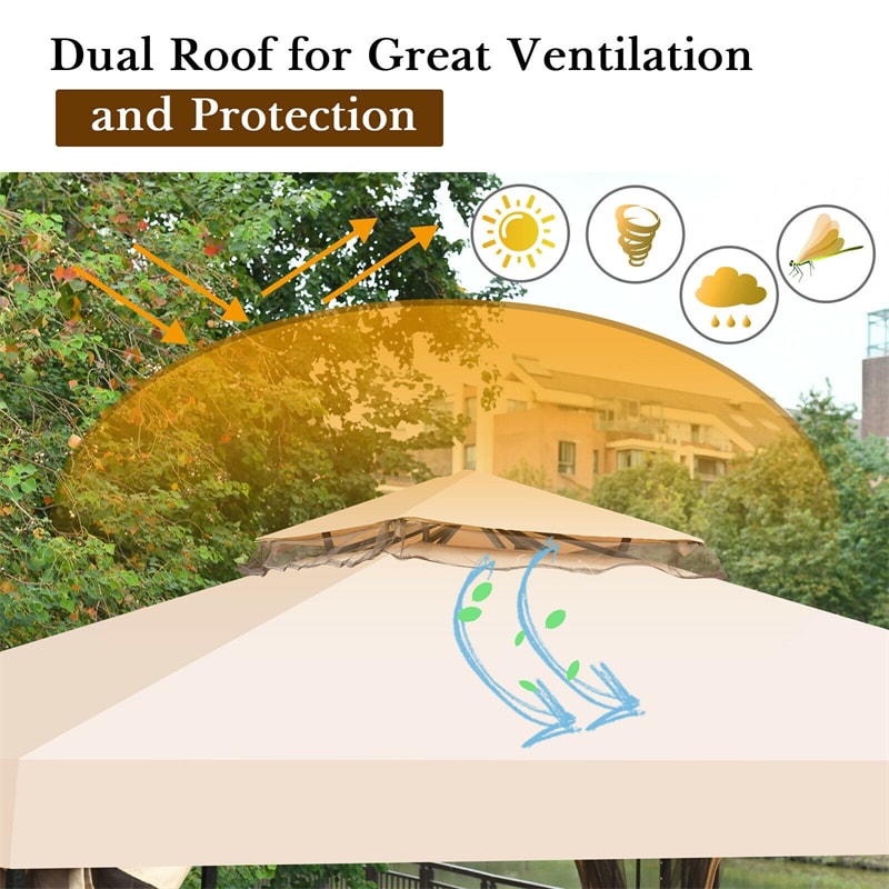 10' x 10' Steel Frame Patio Gazebo with Mosquito Netting, 2-Tier Vented Roof Outdoor Canopy Gazebo Tent for Backyard, Garden, Poolside