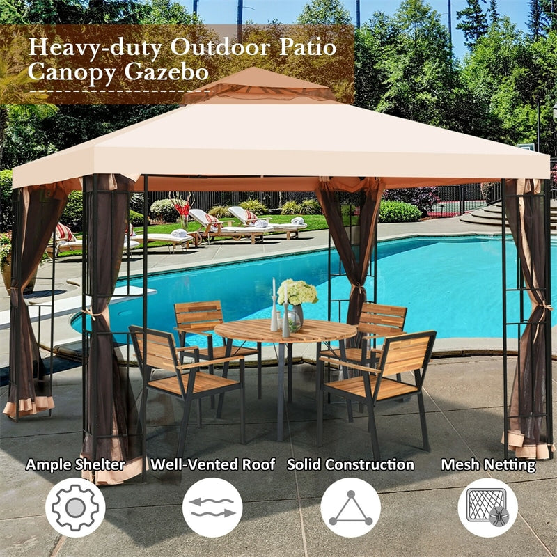 10' x 10' Steel Frame Patio Gazebo with Mosquito Netting, 2-Tier Vented Roof Outdoor Canopy Gazebo Tent for Backyard, Garden, Poolside