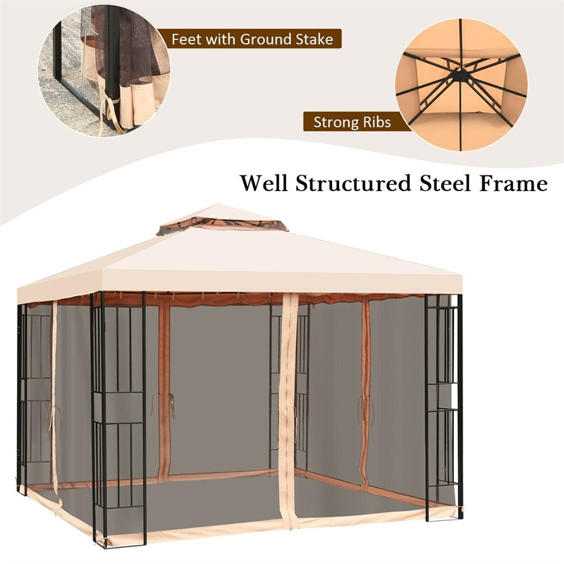 10' x 10' Steel Frame Patio Gazebo with Mosquito Netting, 2-Tier Vented Roof Outdoor Canopy Gazebo Tent for Backyard, Garden, Poolside