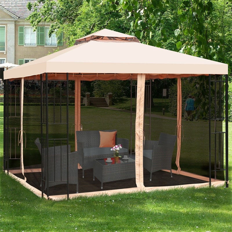 10' x 10' Steel Frame Patio Gazebo with Mosquito Netting, 2-Tier Vented Roof Outdoor Canopy Gazebo Tent for Backyard, Garden, Poolside