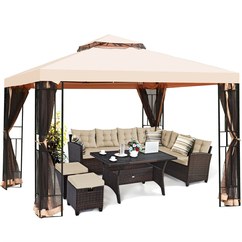 10' x 10' Steel Frame Patio Gazebo with Mosquito Netting, 2-Tier Vented Roof Outdoor Canopy Gazebo Tent for Backyard, Garden, Poolside