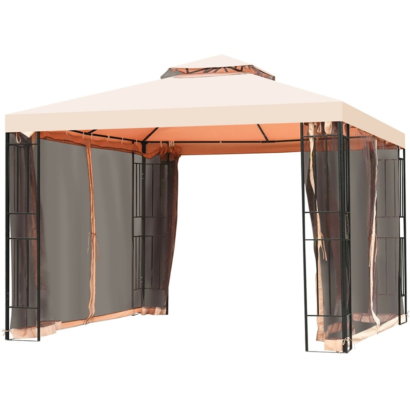 10' x 10' Steel Frame Patio Gazebo with Mosquito Netting, 2-Tier Vented Roof Outdoor Canopy Gazebo Tent for Backyard, Garden, Poolside
