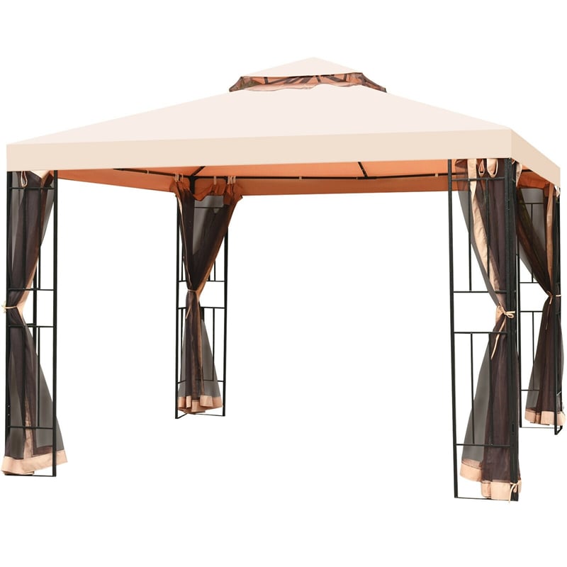 10' x 10' Steel Frame Patio Gazebo with Mosquito Netting, 2-Tier Vented Roof Outdoor Canopy Gazebo Tent for Backyard, Garden, Poolside