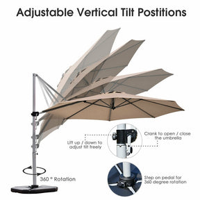 11 FT Patio Offset Cantilever Umbrella 360° Rotation Tilt with Cross Base & Crank Handle