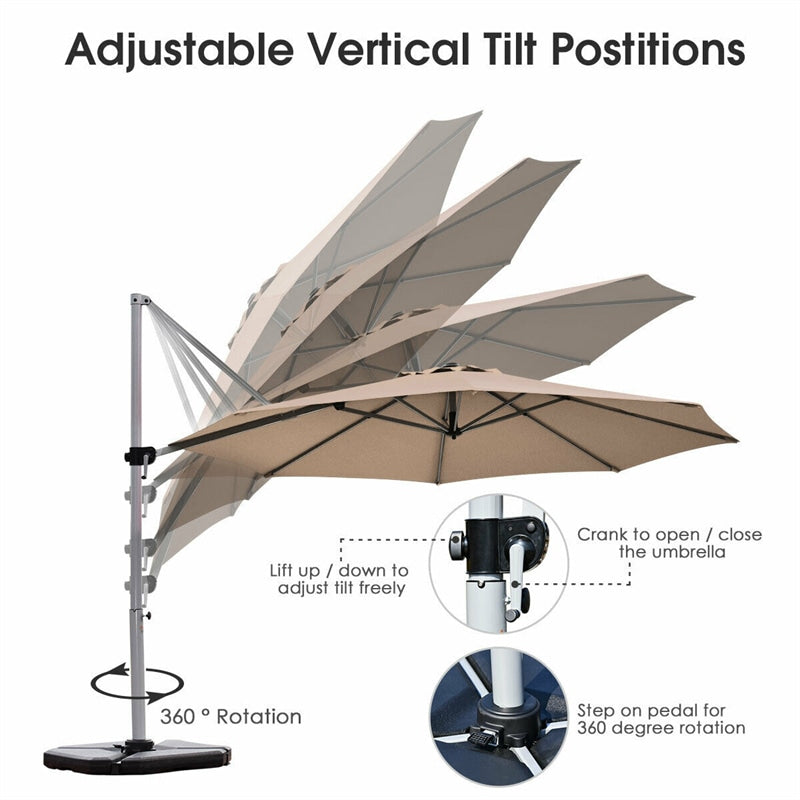 11 FT Patio Offset Cantilever Umbrella 360° Rotation Tilt with Cross Base & Crank Handle