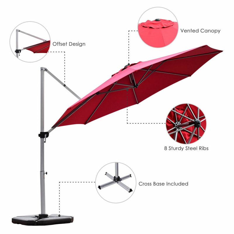 11 FT Patio Offset Cantilever Umbrella 360° Rotation Tilt with Cross Base & Crank Handle