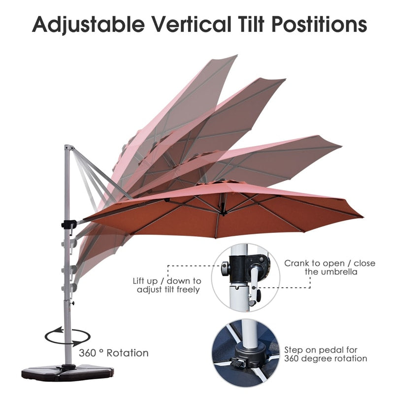 11 FT Patio Offset Cantilever Umbrella 360° Rotation Tilt with Cross Base & Crank Handle