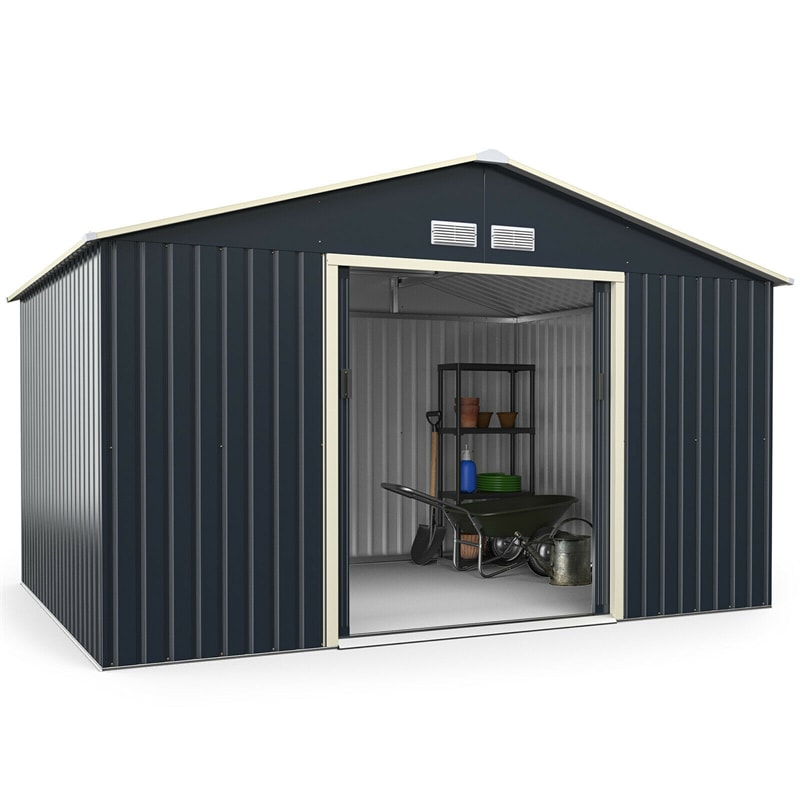 11 x 8 FT Large Outdoor Metal Storage Shed with 4 Air Vents & Sliding Double Lockable Doors, Backyard Tool Shed Garden Storage House