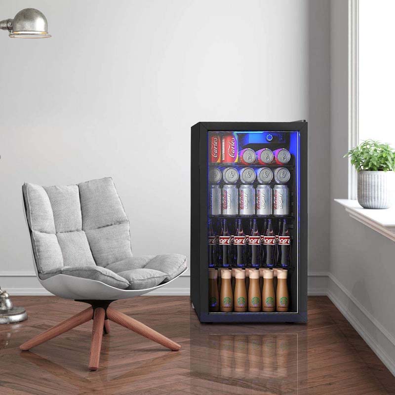 2-in-1 Mini Beverage Cooler Refrigerator Built-In & Freestanding 120 Cans Beer Drinks Wine Fridge with Glass Door