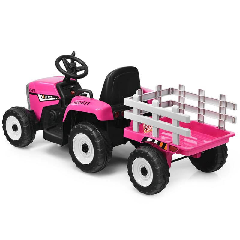 12V Kids Ride On Tractor with Detachable Trailer, 3-Gear Ground Loader & Remote Control, Riding Toy Tractor Electric Vehicle for Ages 3+