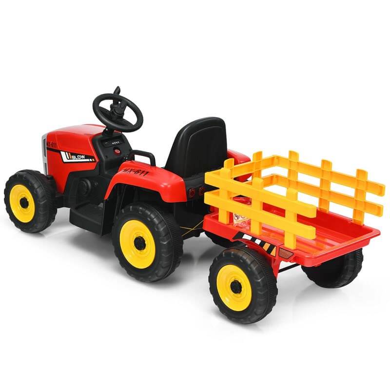 12V Kids Ride On Tractor with Detachable Trailer, 3-Gear Ground Loader & Remote Control, Riding Toy Tractor Electric Vehicle for Ages 3+