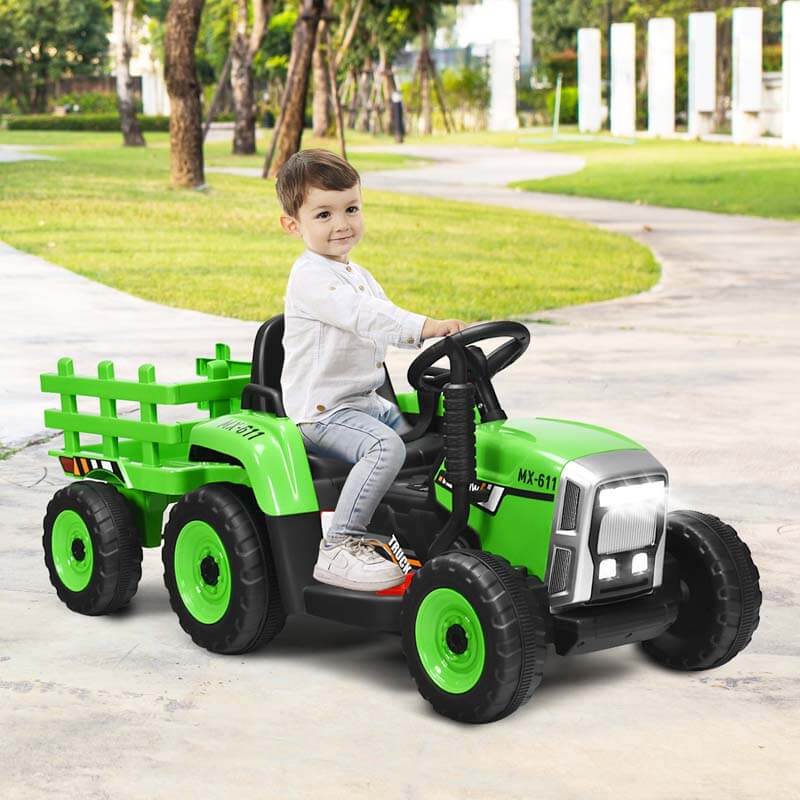 12V Kids Ride On Tractor with Detachable Trailer, 3-Gear Ground Loader & Remote Control, Riding Toy Tractor Electric Vehicle for Ages 3+