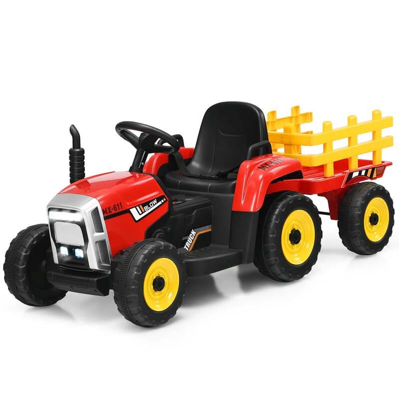 12V Kids Ride On Tractor with Detachable Trailer, 3-Gear Ground Loader & Remote Control, Riding Toy Tractor Electric Vehicle for Ages 3+