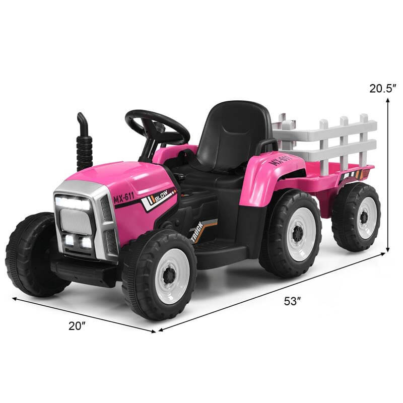 12V Kids Ride On Tractor with Detachable Trailer, 3-Gear Ground Loader & Remote Control, Riding Toy Tractor Electric Vehicle for Ages 3+