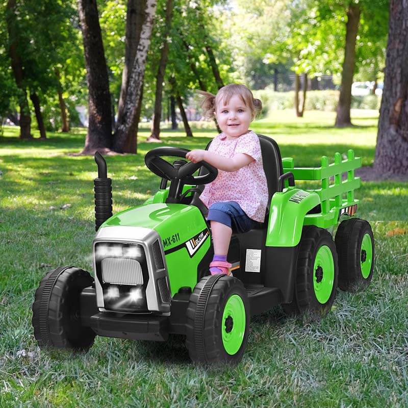 Kids Ride on Tractor w/Trailer 12V Battery Powered Electric Riding Toy Car Vehicle with 3-Gear-Shift Ground Loader