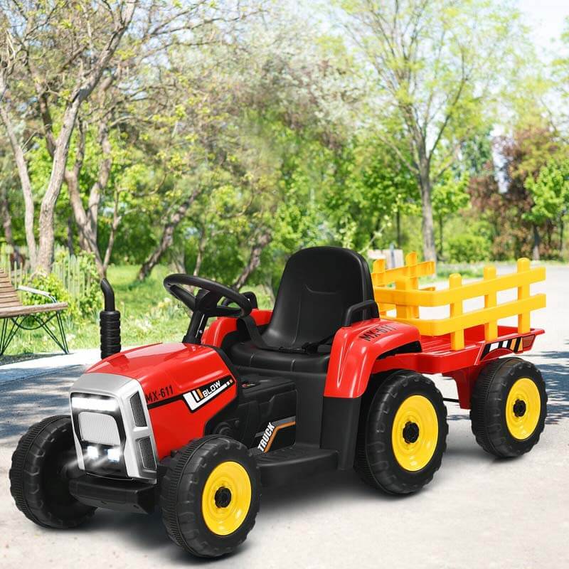 12V Kids Ride On Tractor with Detachable Trailer, 3-Gear Ground Loader & Remote Control, Riding Toy Tractor Electric Vehicle for Ages 3+