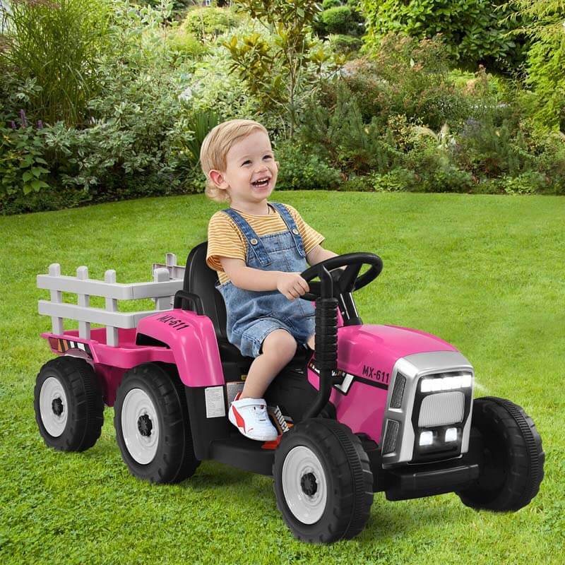 12V Kids Ride On Tractor with Detachable Trailer, 3-Gear Ground Loader & Remote Control, Riding Toy Tractor Electric Vehicle for Ages 3+