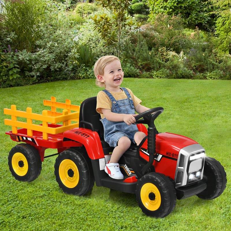 12V Kids Ride On Tractor with Detachable Trailer, 3-Gear Ground Loader & Remote Control, Riding Toy Tractor Electric Vehicle for Ages 3+