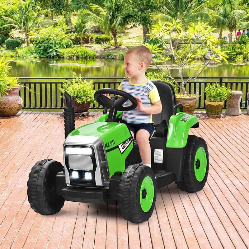 12V Kids Ride On Tractor with Detachable Trailer, 3-Gear Ground Loader & Remote Control, Riding Toy Tractor Electric Vehicle for Ages 3+