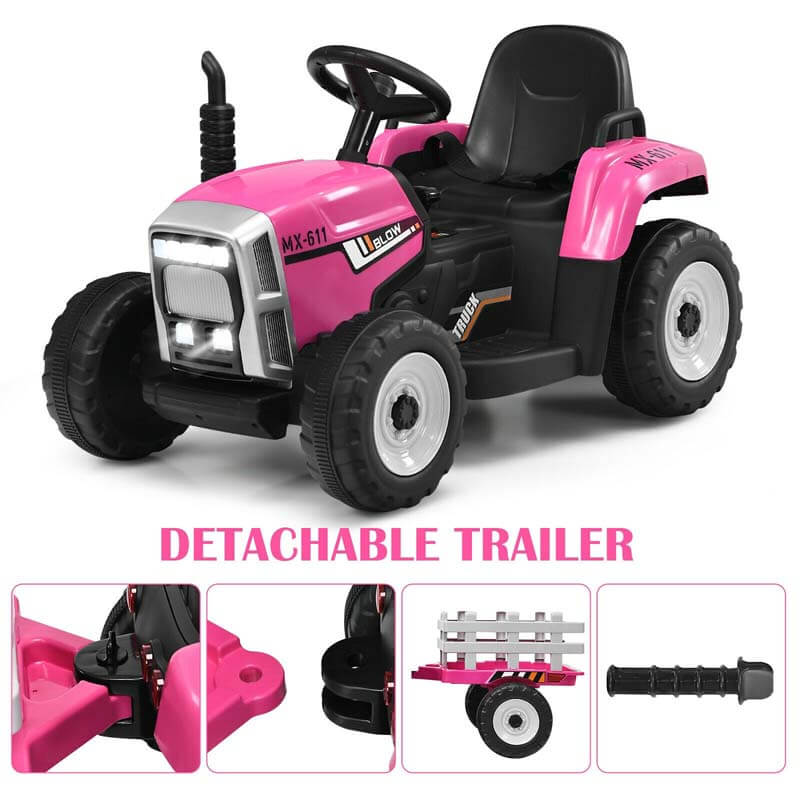 12V Kids Ride On Tractor with Detachable Trailer, 3-Gear Ground Loader & Remote Control, Riding Toy Tractor Electric Vehicle for Ages 3+