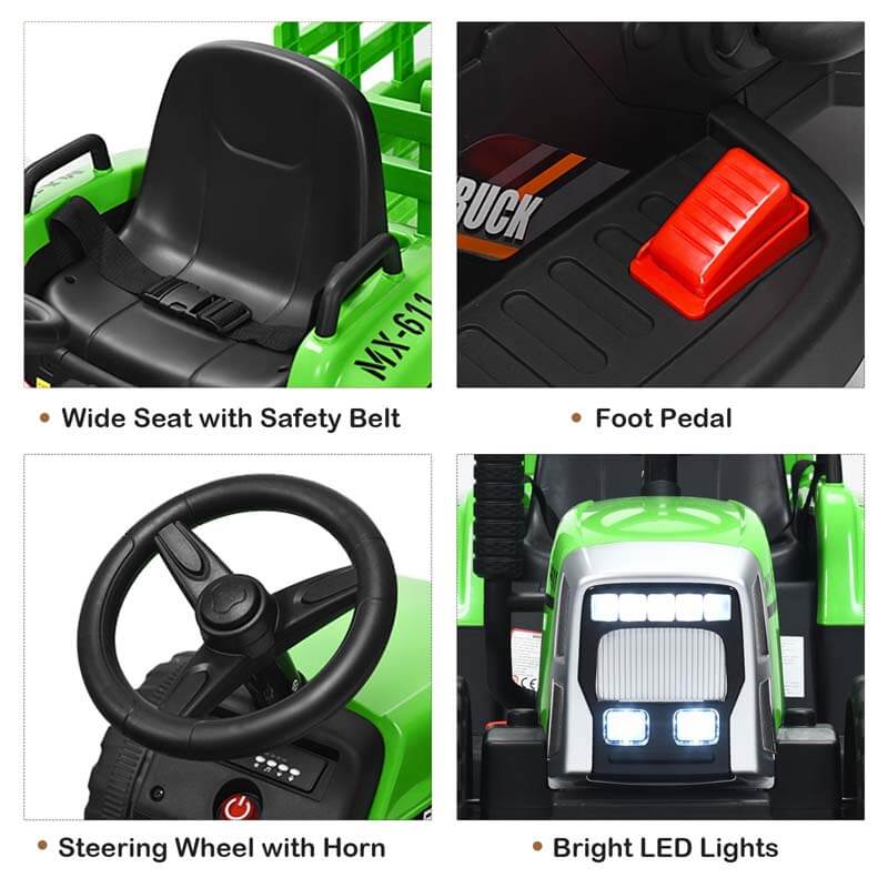 12V Kids Ride On Tractor with Detachable Trailer, 3-Gear Ground Loader & Remote Control, Riding Toy Tractor Electric Vehicle for Ages 3+
