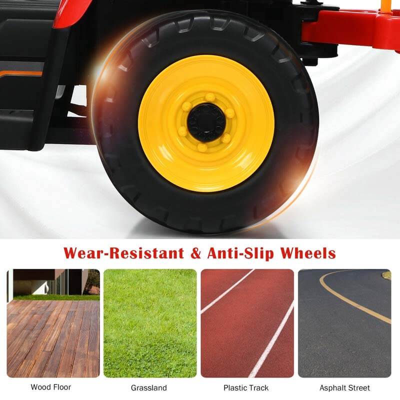 12V Kids Ride On Tractor with Detachable Trailer, 3-Gear Ground Loader & Remote Control, Riding Toy Tractor Electric Vehicle for Ages 3+