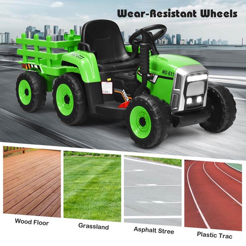 12V Kids Ride On Tractor with Detachable Trailer, 3-Gear Ground Loader & Remote Control, Riding Toy Tractor Electric Vehicle for Ages 3+