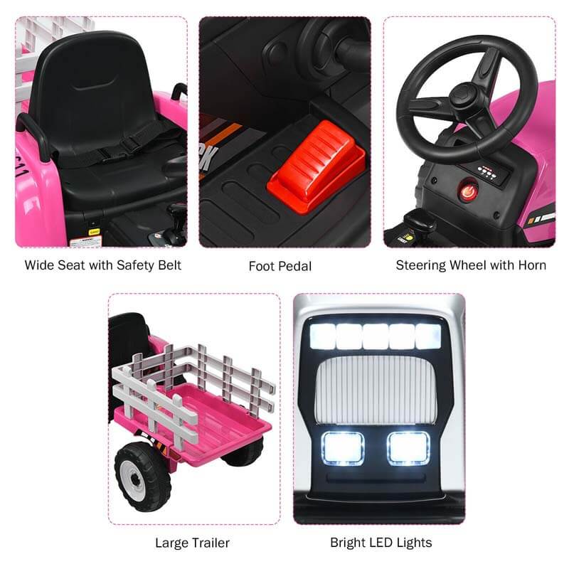 12V Kids Ride On Tractor with Detachable Trailer, 3-Gear Ground Loader & Remote Control, Riding Toy Tractor Electric Vehicle for Ages 3+