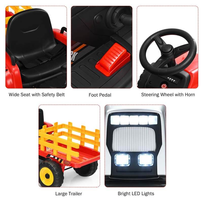 12V Kids Ride On Tractor with Detachable Trailer, 3-Gear Ground Loader & Remote Control, Riding Toy Tractor Electric Vehicle for Ages 3+