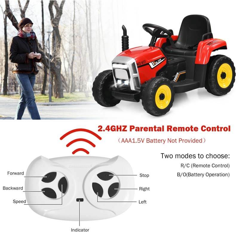 12V Kids Ride On Tractor with Detachable Trailer, 3-Gear Ground Loader & Remote Control, Riding Toy Tractor Electric Vehicle for Ages 3+