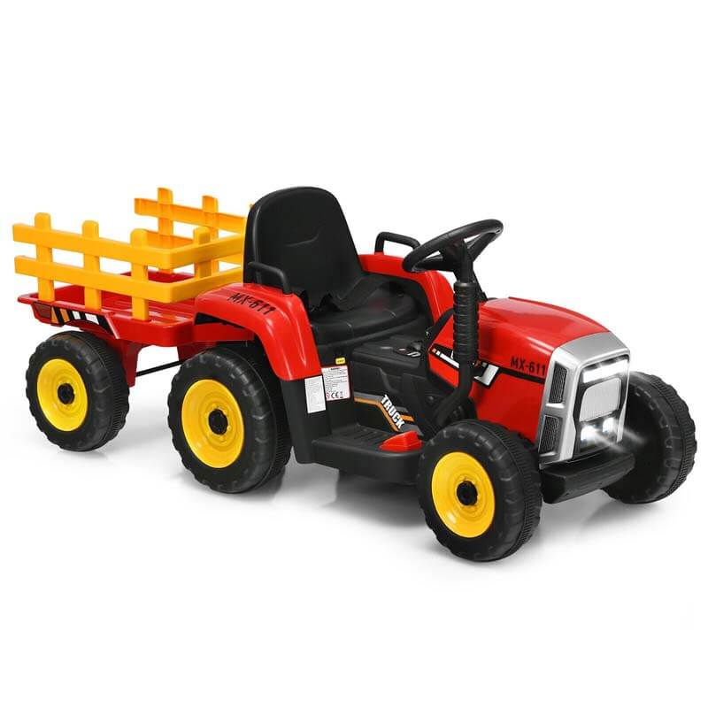 12V Kids Ride On Tractor with Detachable Trailer, 3-Gear Ground Loader & Remote Control, Riding Toy Tractor Electric Vehicle for Ages 3+