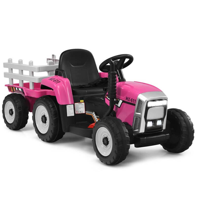 12V Kids Ride On Tractor with Detachable Trailer, 3-Gear Ground Loader & Remote Control, Riding Toy Tractor Electric Vehicle for Ages 3+