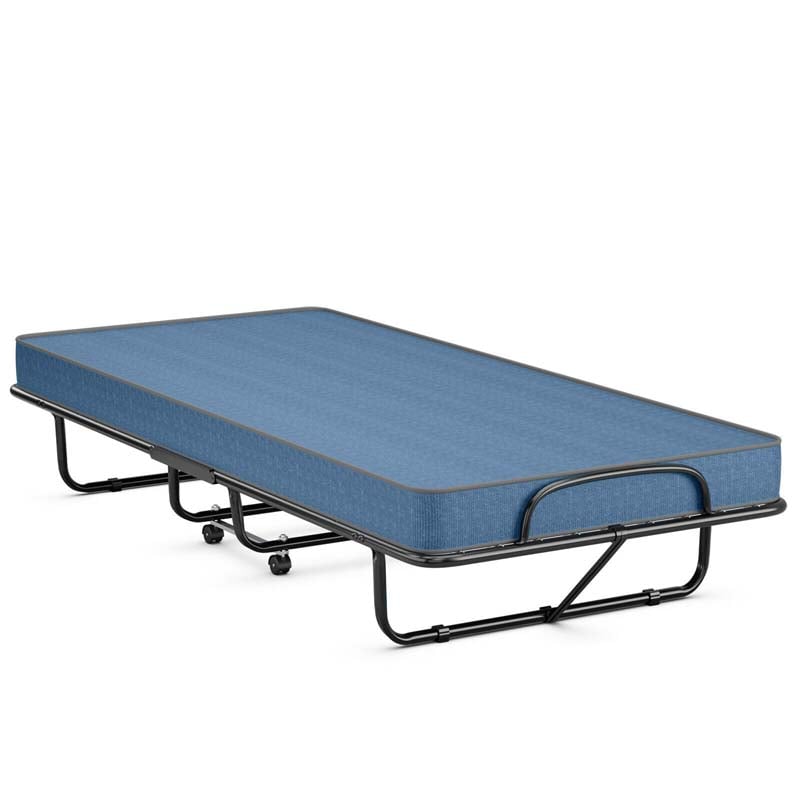 79" x 39" Rollaway Folding Bed with 5" Memory Foam Mattress, Twin Size Portable Guest Bed with Wheels