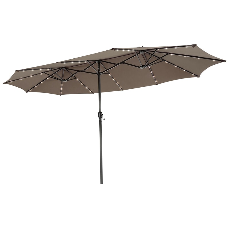 15FT Double-Sided Patio Umbrella with 48 Solar LED Lights & Crank, 12 Ribs Large Outdoor Market Umbrella for Poolside, Garden & Backyard