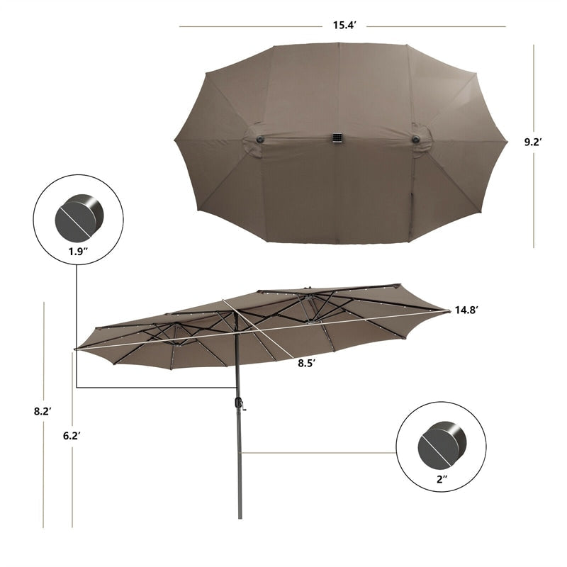 15FT Double-Sided Patio Umbrella with 48 Solar LED Lights & Crank, 12 Ribs Large Outdoor Market Umbrella for Poolside, Garden & Backyard