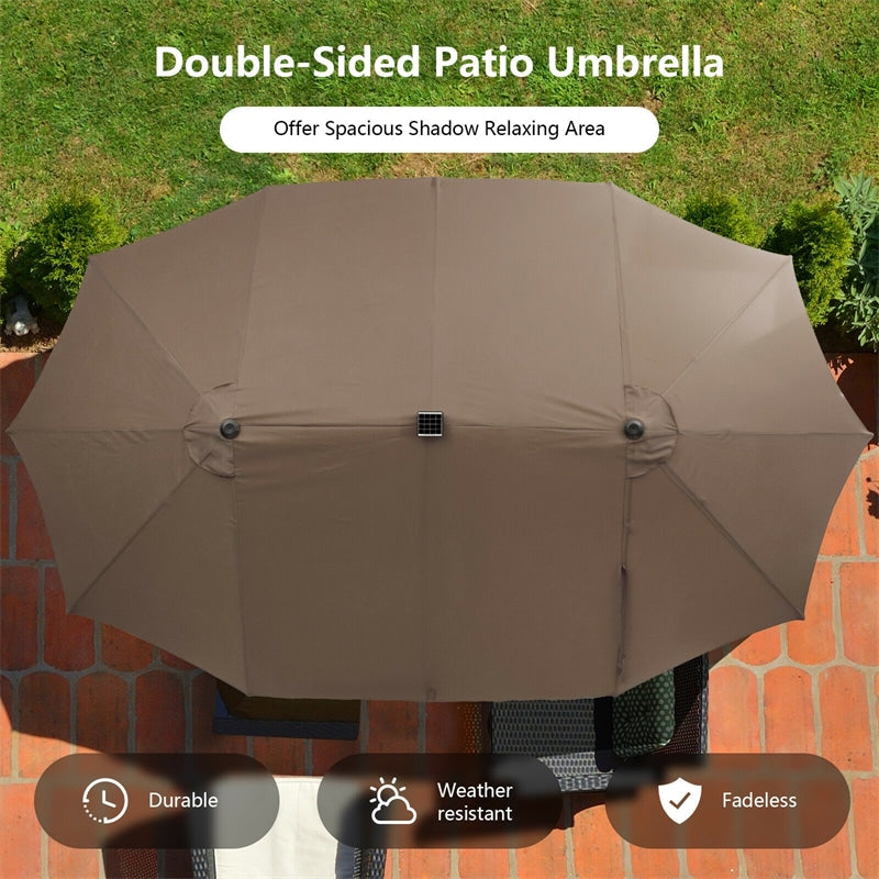 15FT Double-Sided Patio Umbrella with 48 Solar LED Lights & Crank, 12 Ribs Large Outdoor Market Umbrella for Poolside, Garden & Backyard