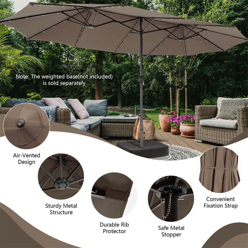 15FT Double-Sided Patio Umbrella with 48 Solar LED Lights & Crank, 12 Ribs Large Outdoor Market Umbrella for Poolside, Garden & Backyard