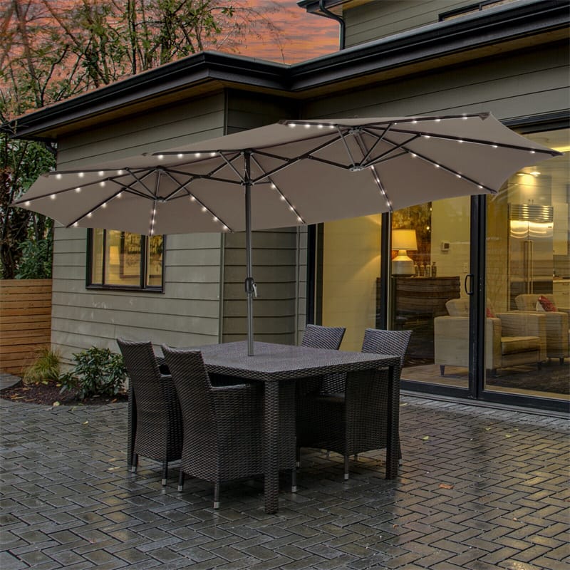 15FT Double-Sided Patio Umbrella with 48 Solar LED Lights & Crank, 12 Ribs Large Outdoor Market Umbrella for Poolside, Garden & Backyard