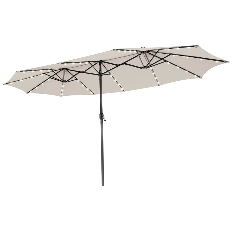 15FT Double-Sided Patio Umbrella with 48 Solar LED Lights & Crank, 12 Ribs Large Outdoor Market Umbrella for Poolside, Garden & Backyard