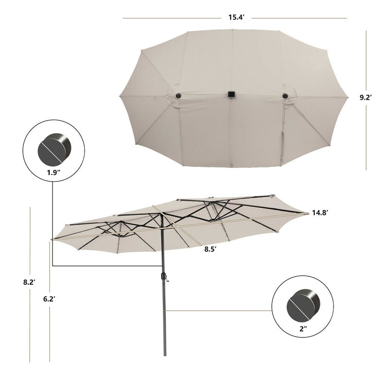 15FT Double-Sided Patio Umbrella with 48 Solar LED Lights & Crank, 12 Ribs Large Outdoor Market Umbrella for Poolside, Garden & Backyard