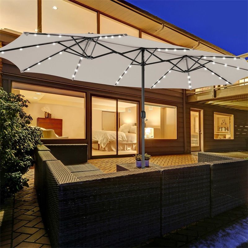 15FT Double-Sided Patio Umbrella with 48 Solar LED Lights & Crank, 12 Ribs Large Outdoor Market Umbrella for Poolside, Garden & Backyard