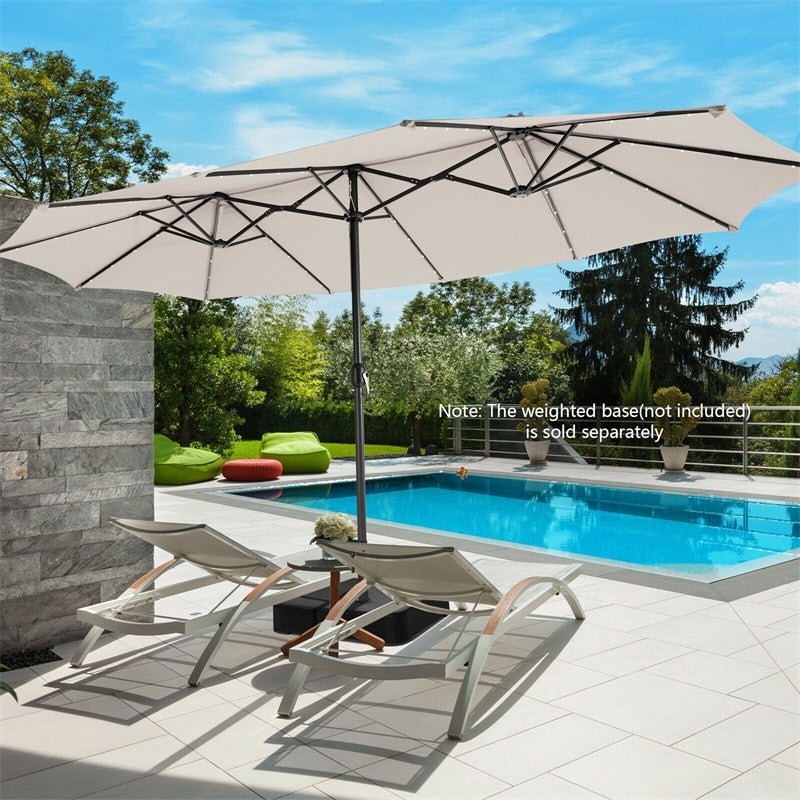 15FT Double-Sided Patio Umbrella with 48 Solar LED Lights & Crank, 12 Ribs Large Outdoor Market Umbrella for Poolside, Garden & Backyard
