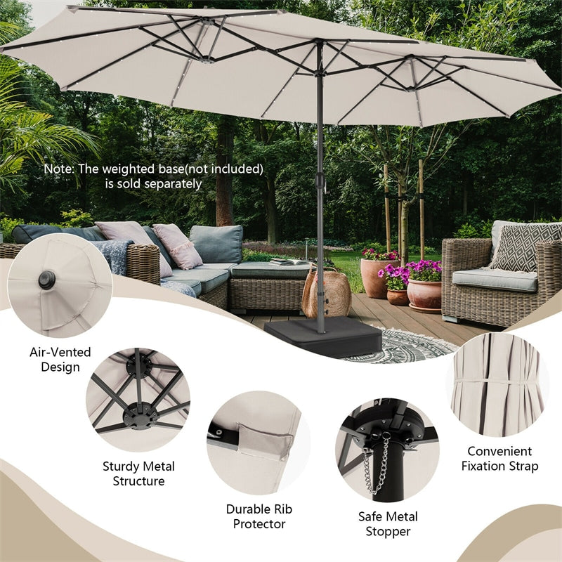 15FT Double-Sided Patio Umbrella with 48 Solar LED Lights & Crank, 12 Ribs Large Outdoor Market Umbrella for Poolside, Garden & Backyard
