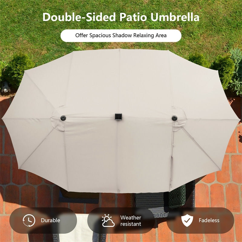 15FT Double-Sided Patio Umbrella with 48 Solar LED Lights & Crank, 12 Ribs Large Outdoor Market Umbrella for Poolside, Garden & Backyard