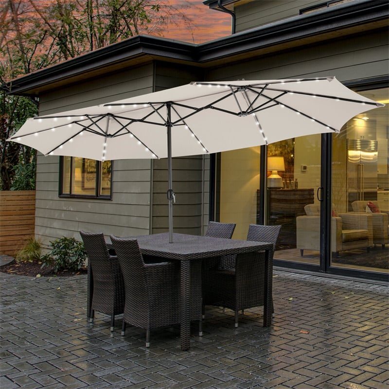 15FT Double-Sided Patio Umbrella with 48 Solar LED Lights & Crank, 12 Ribs Large Outdoor Market Umbrella for Poolside, Garden & Backyard